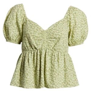 BP Light Green Mushroom Print Puff Sleeve Blouse